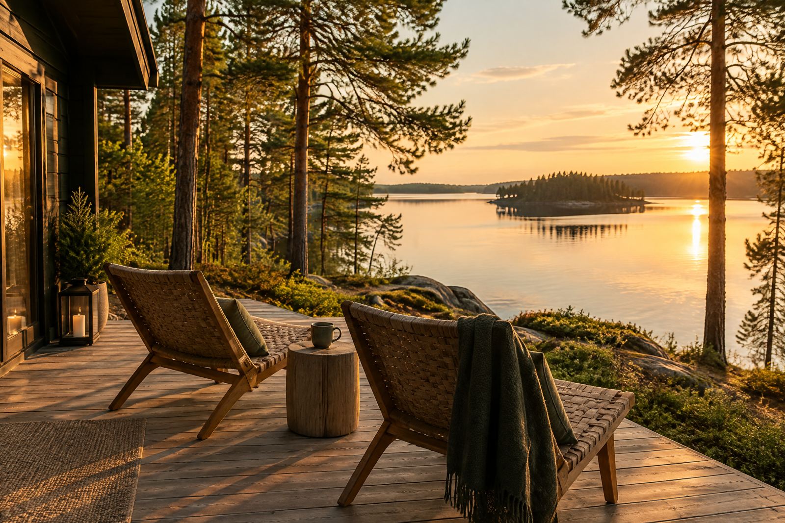 Kuvitettu järvenrannan lomamökin terassi ilta-auringossa