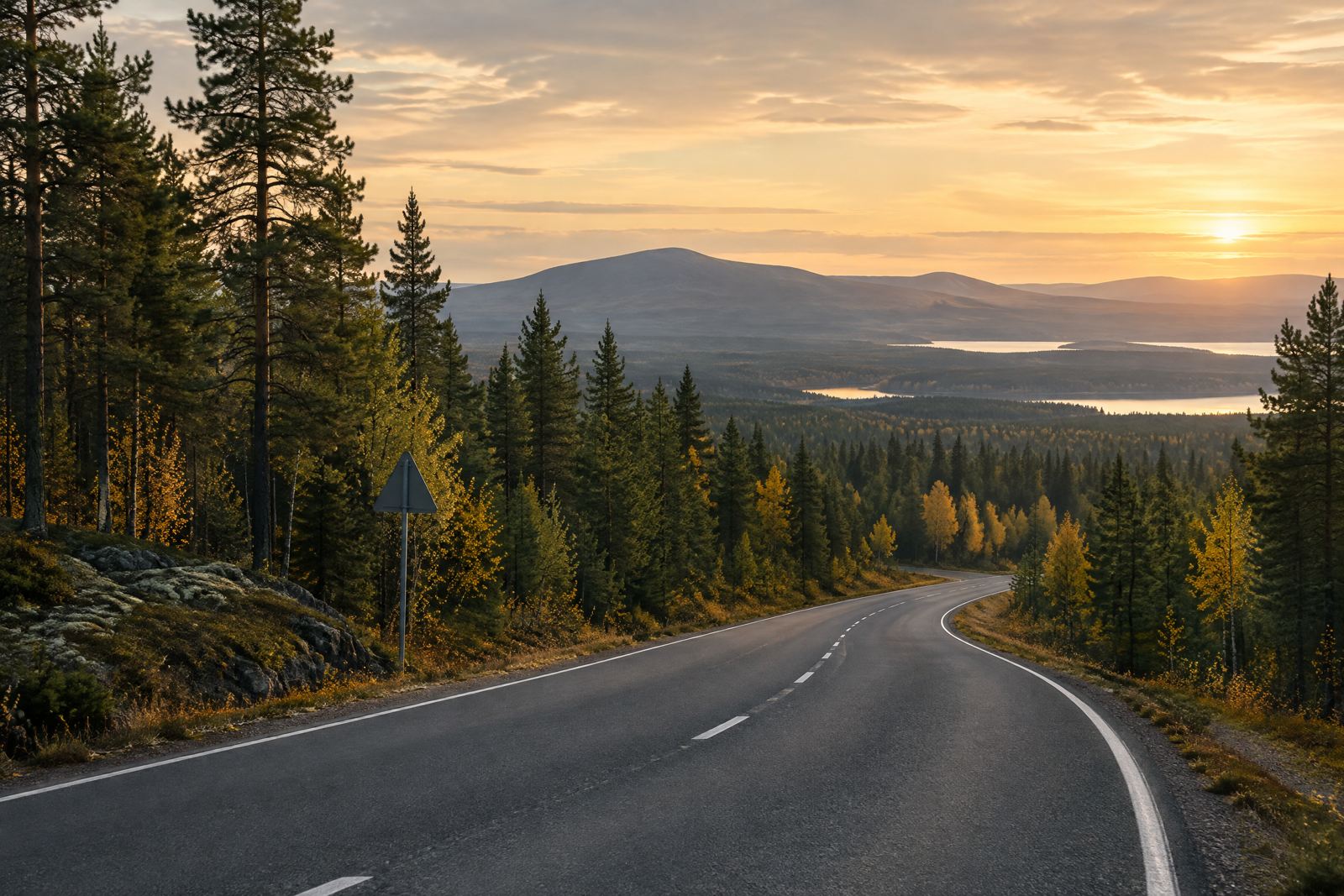 Kuvitettu metsäinen tie ja tunturimaisema pohjoisen auringonlaskussa